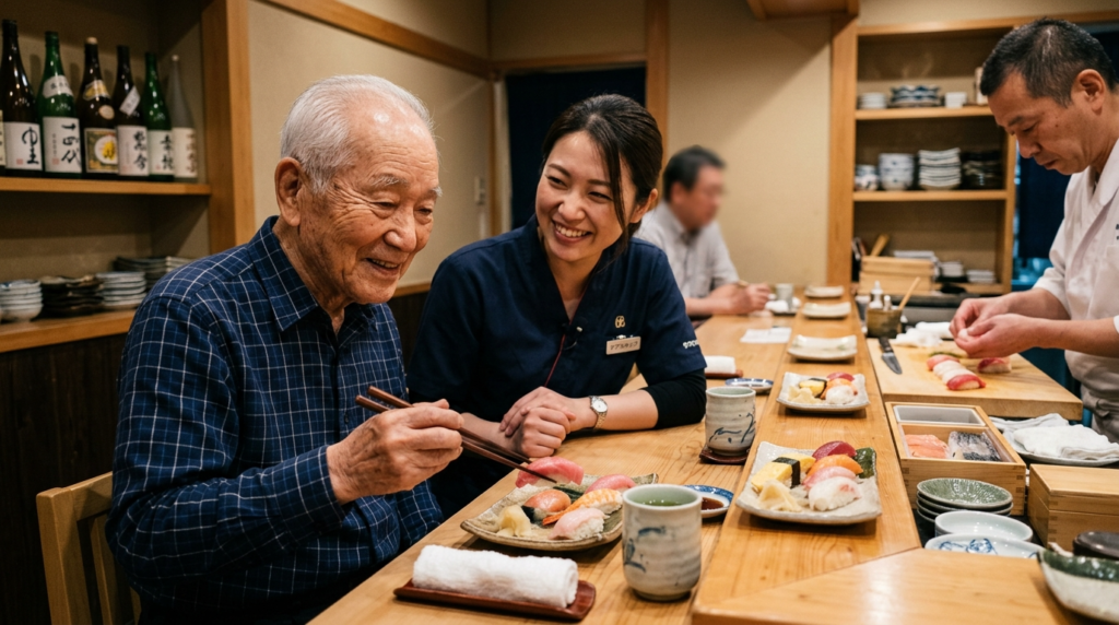 フリー介護士とお寿司を楽しむおじいちゃん